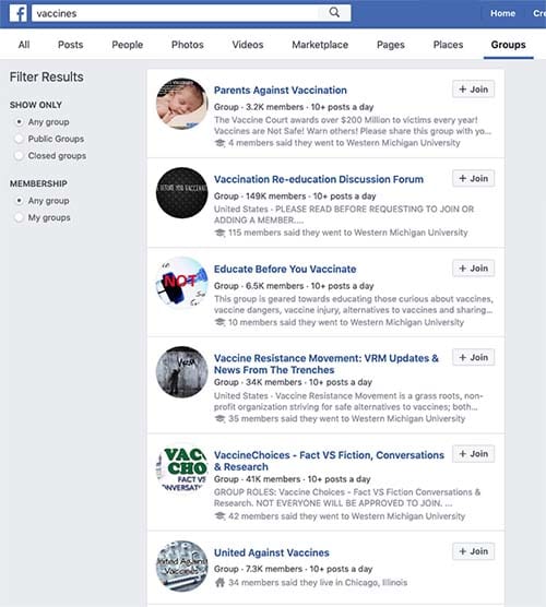 anti-vax pages