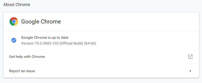 The Google Chrome version page