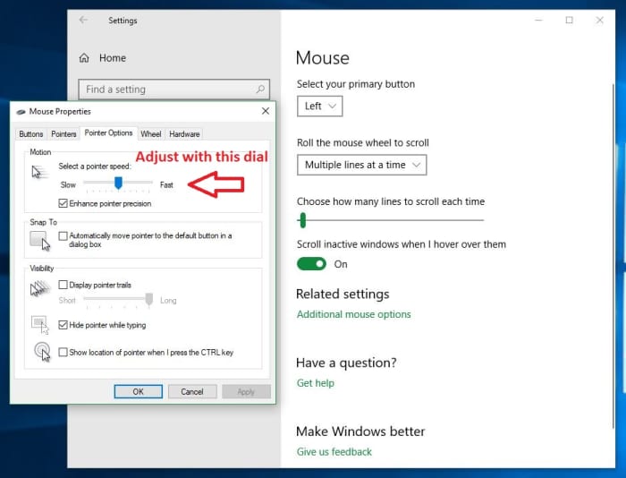 Windows 10 Adjust cursor speed, Pointer Options menu