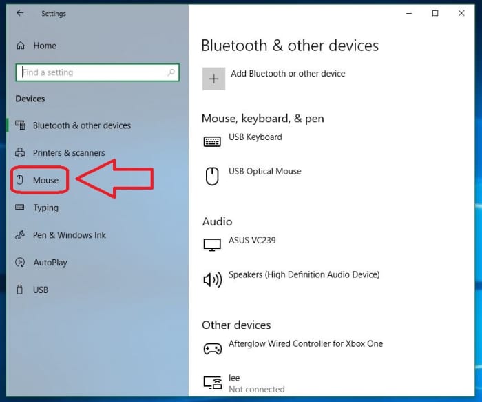 Windows 10 Devices menu