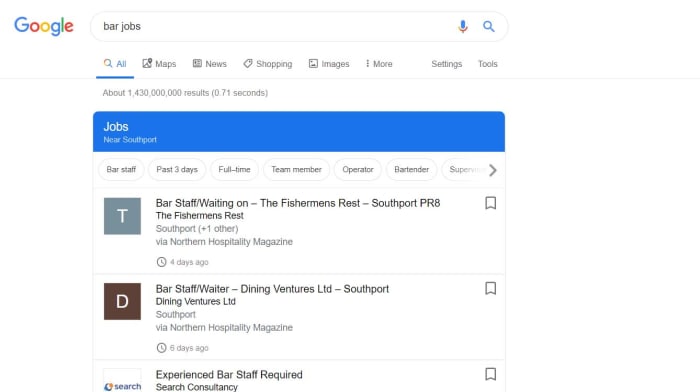 the google jobs widget at the top of the search results page