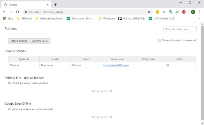 The Policy Registry tab on Google Chrome