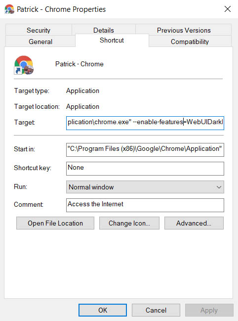 Properties on Google Chrome