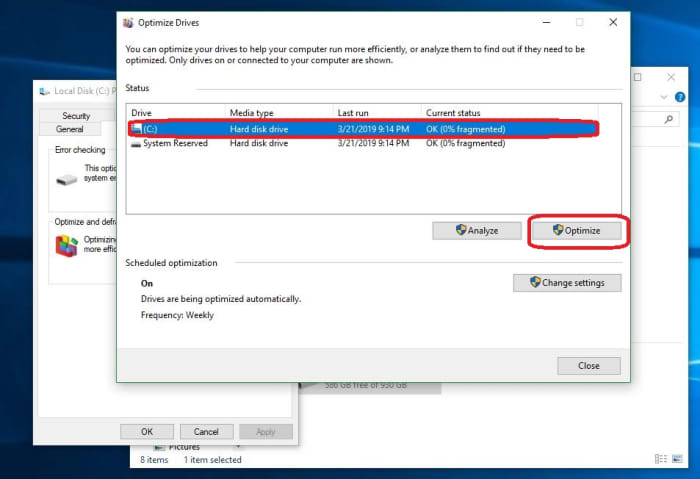 Windows 10 Optimize drive window