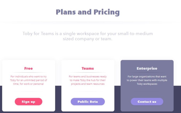 Toby plans and pricing