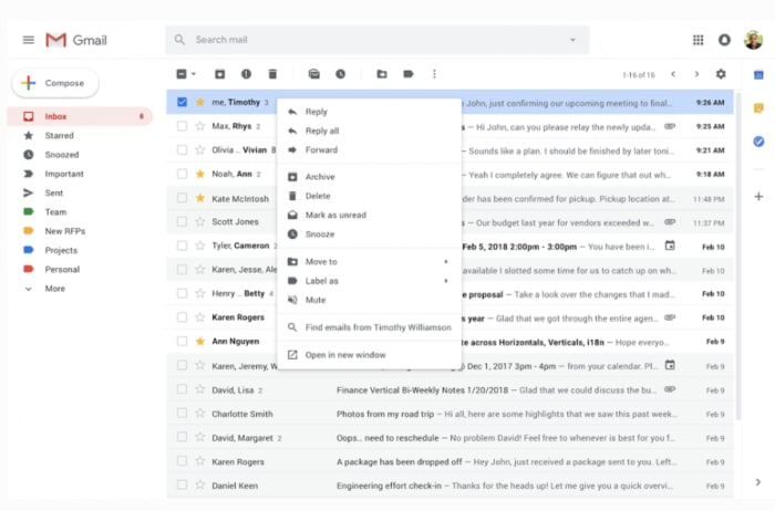 gmail's expanded right click options