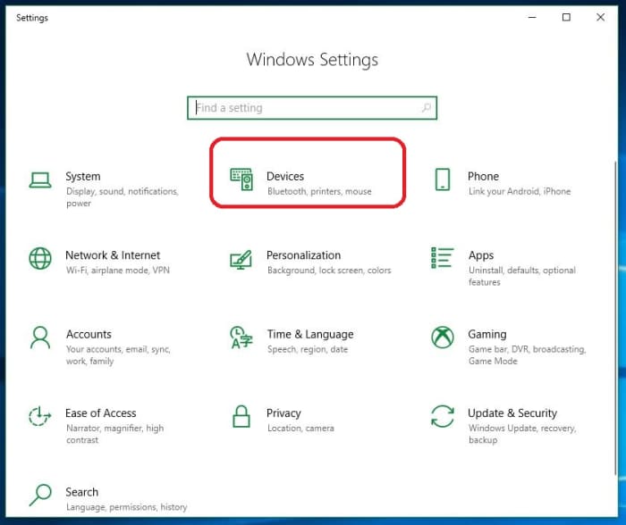 Windows 10 Settings menu