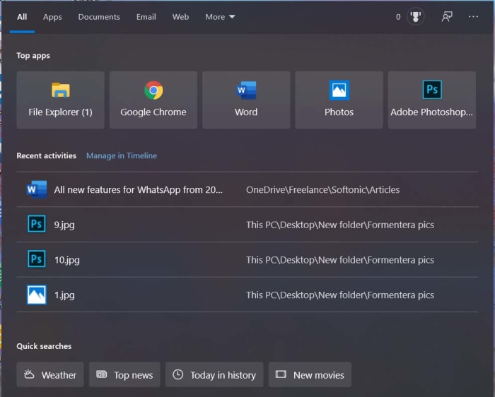 The new and improved search console on Windows 10