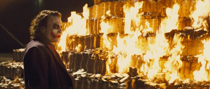 joker money burning dark knight