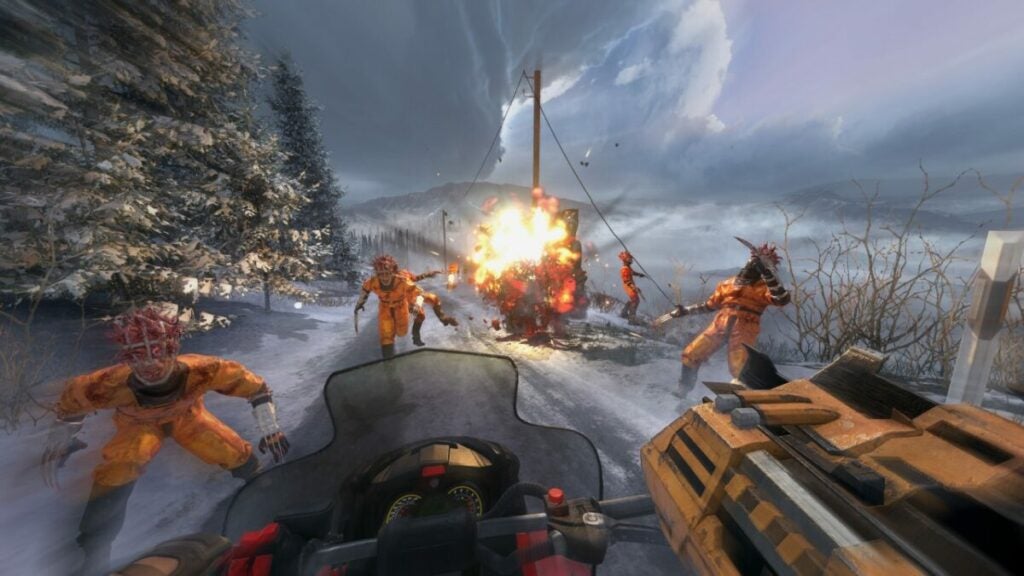 image of Sam charging into enemies on a snowmobile