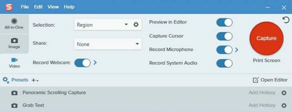 Snagit's easy-to-understand interface displays its unique screen-capture features.