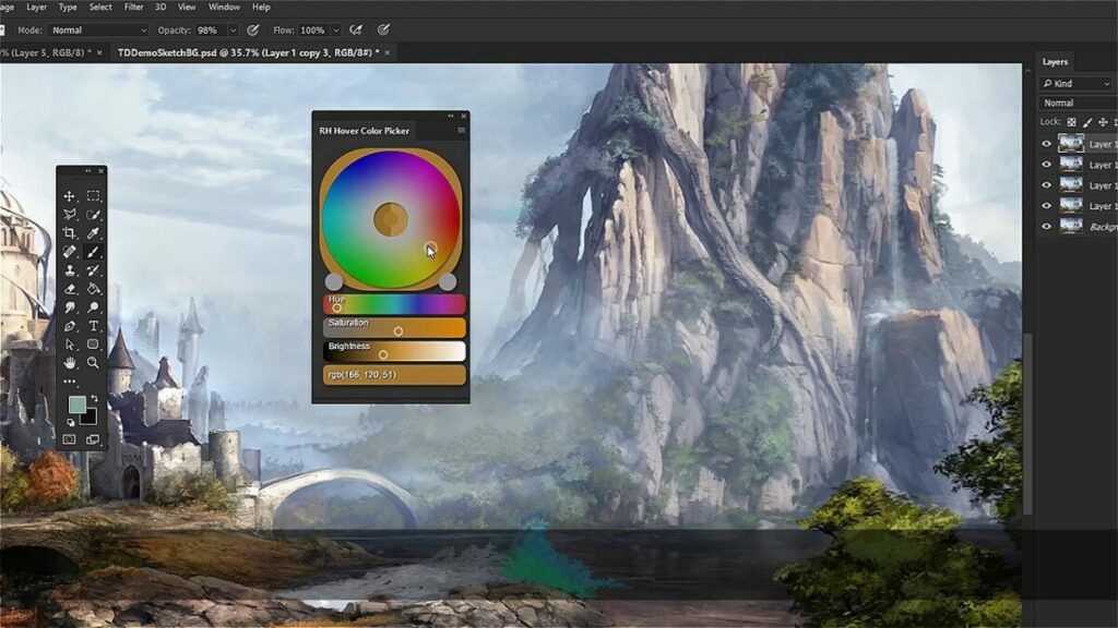 El plugin RH Hover Color Picker ofrece una interfaz de color limpia y moderna para Photoshop