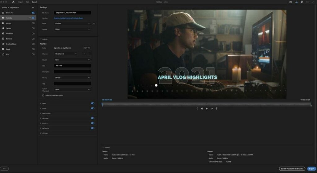 Use export mode in Adobe Premiere Pro to choose custom templates