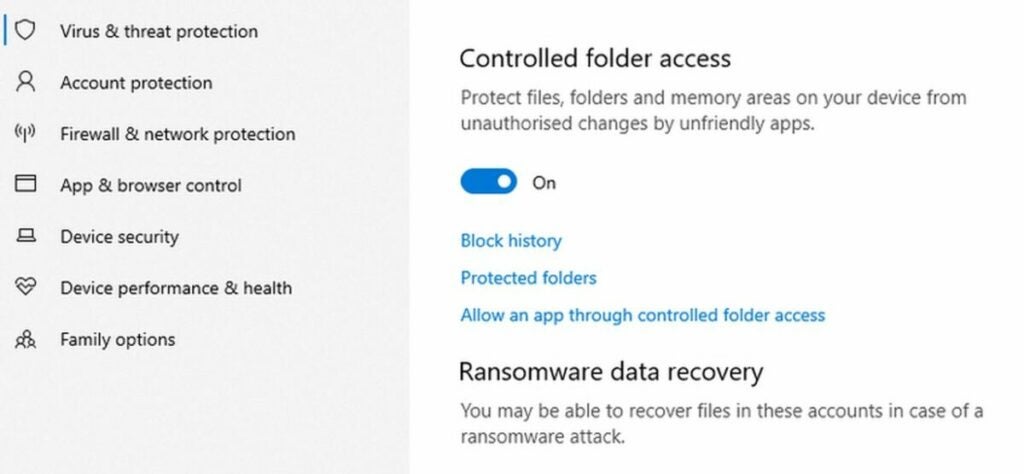 Ransomware protection in Windows Defender.