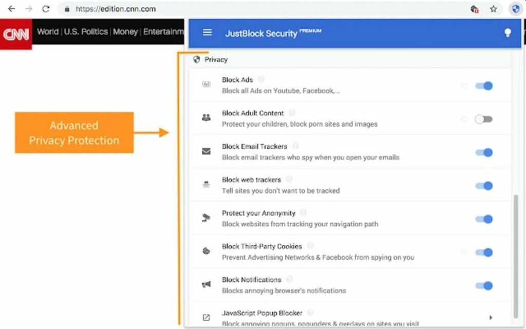 JustBlock has an extensive whitelist and pop-up blocker
