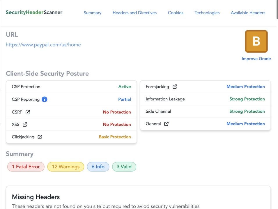 Security Header grades websites and summarizes security warnings