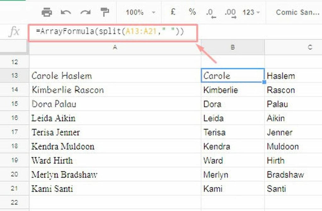 The SPLIT function is the best way to break up a string into multiple cells
