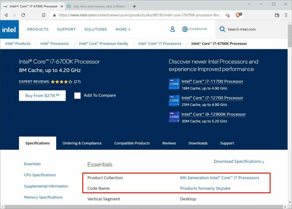 Intel Product lookup, processor product collection and code name