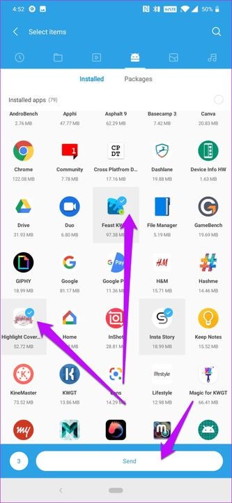 Select your files and tap the send button to transmit your data to the receiving device
