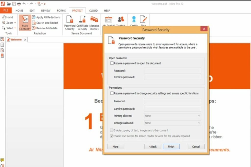 Set security features like passwords and document tracking.