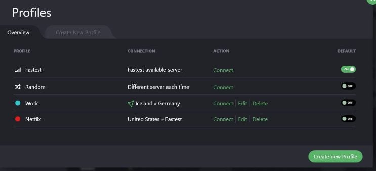 Create custom profiles in Proton VPN for frequently used online services.