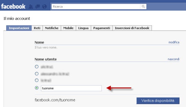Scegliere URL profilo Facebook