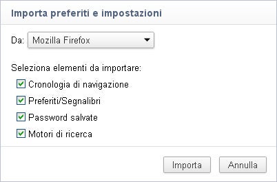 Finestra importrazione preferiti