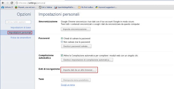 Import dati da un altro browser