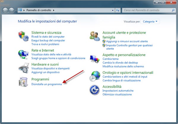 Pannello di controllo 2 - link per raggiungere l'uninstaller