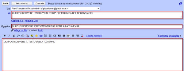 Tre campi dell'email da riempire