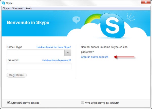Schermata di avvio di Skype