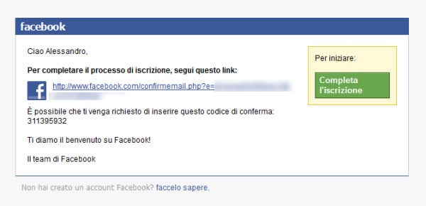 Email per completare l'iscrizione-