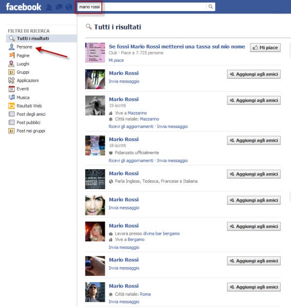 Filtri per trovare persone più facilmente