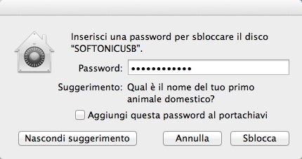 Inserisci password per aprire il volume