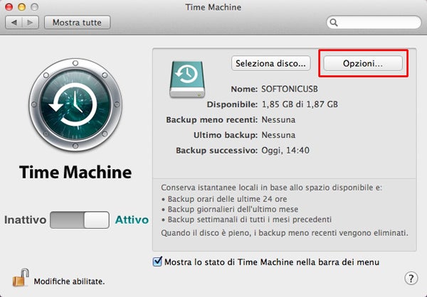 Opzioni Time Machine