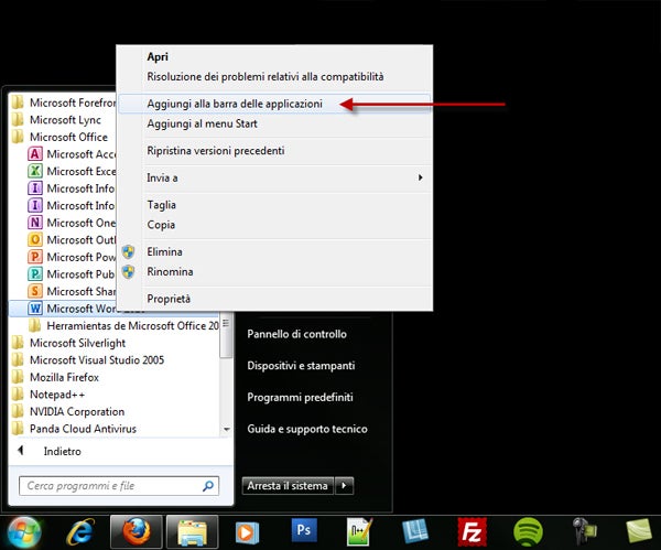 Aggiungi alla barra delle applicazioni