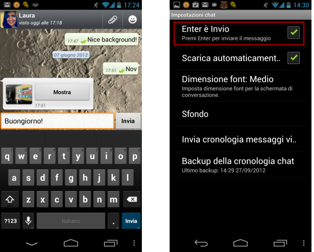whatsapp invio con enter