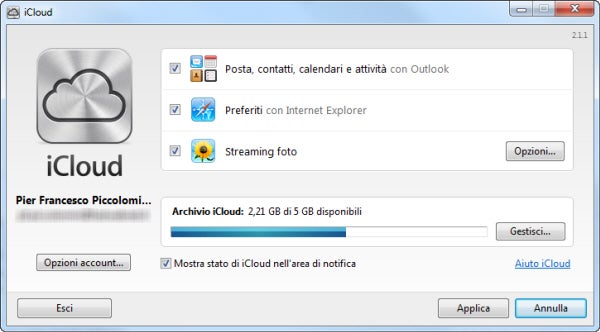 Interfaccia iCloud Control Panel (Outlook installato)