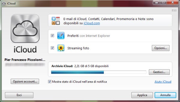 Interfaccia iCloud Control Panel