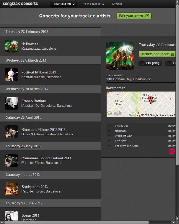 Songkick interfaccia