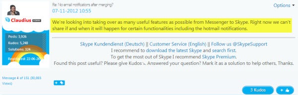 Dichiarazione sul forum di Skype sul pulsante Hotmail integrato in Skype