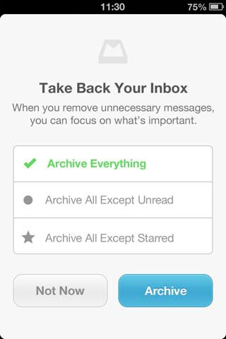 Opzioni iniziali di archiviazione Inbox