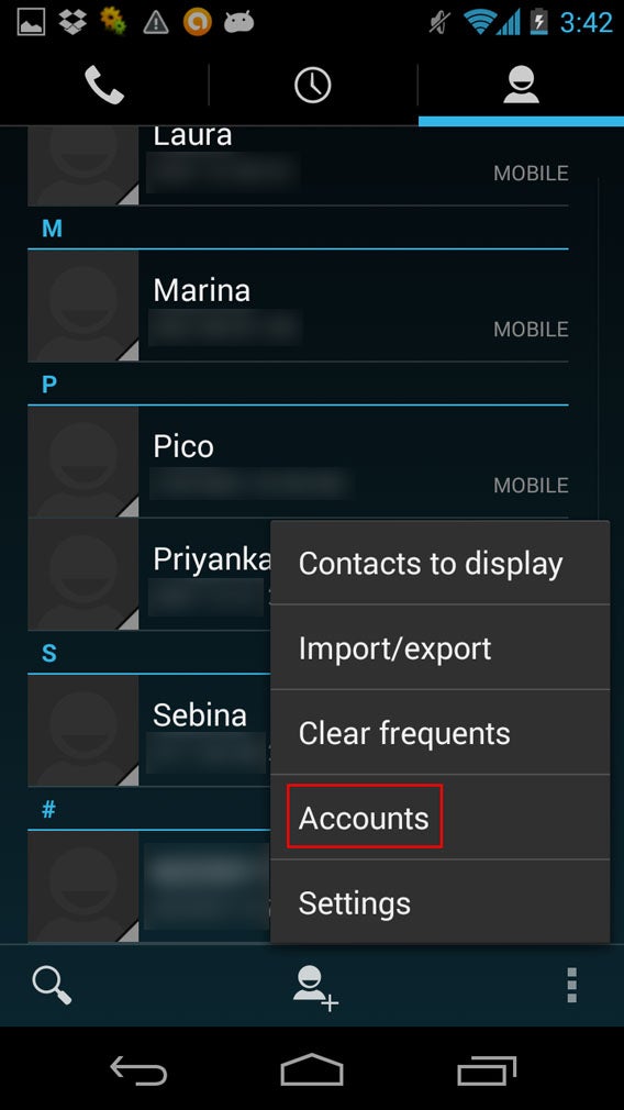 Contatti - menu Accounts
