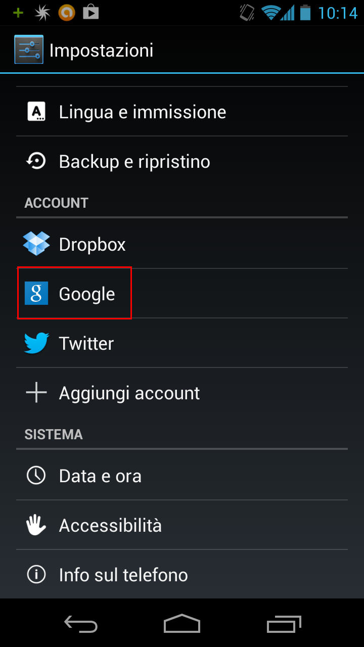 Setting dell'account Google