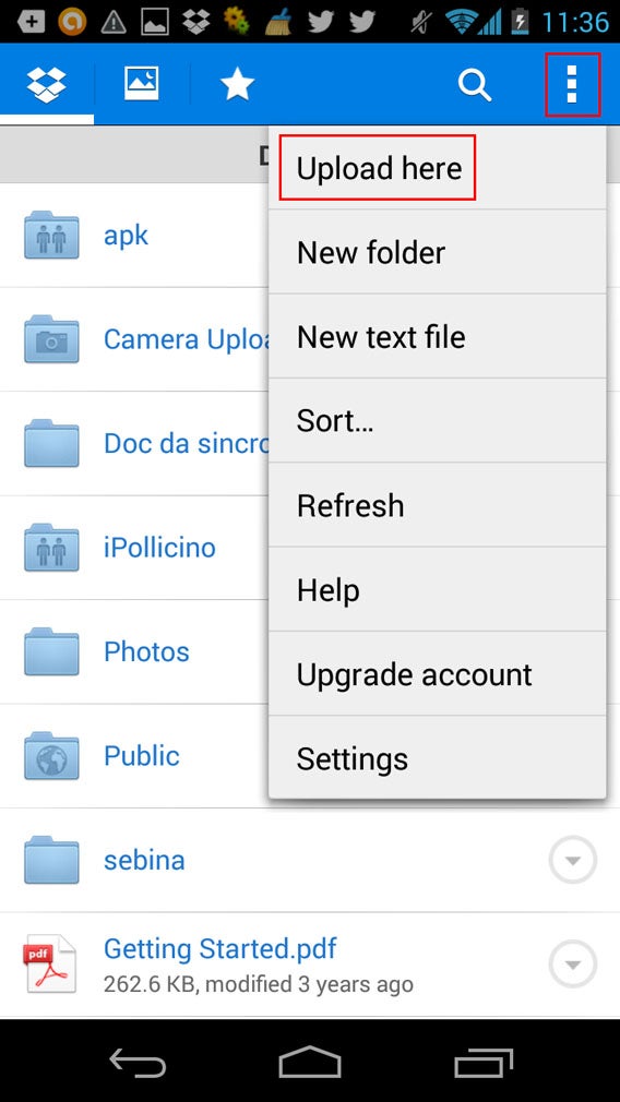 Upload here Dropbox Android