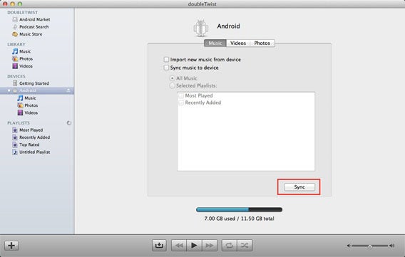doubleTwist Mac tasto Sync