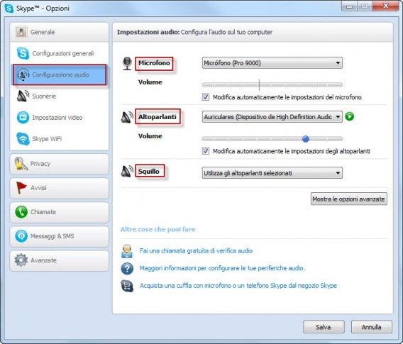 Menu configurazione audio