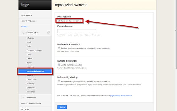Ustream - Rendi il canale privato