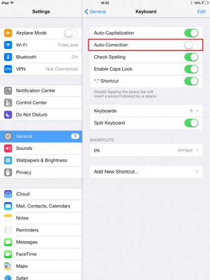 Disabilita l'autocorrezione