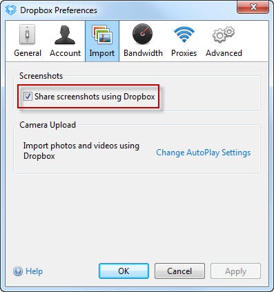 Share screenshots using Dropbox